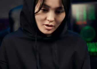 woman looking at smartphone security warning