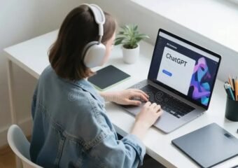 freelancer using chatgpt ai laptop home cat desk