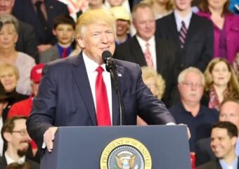 Donald Trump speaking at podium