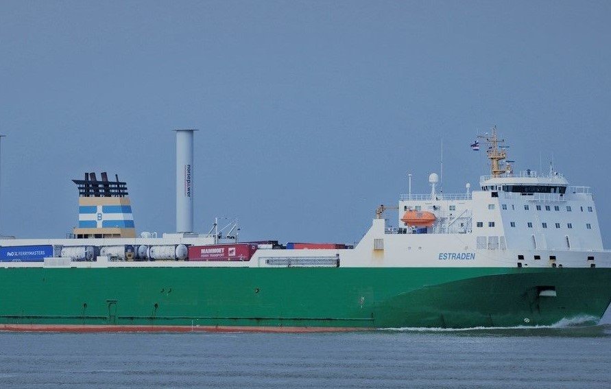 modern cargo ship with rotors