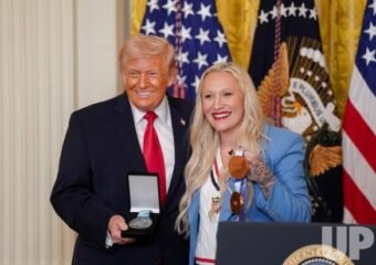 kaillie humphries presents ikkos medal to trump