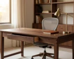 Custom solid walnut office desk for home-business owners in a daylit workspace.
