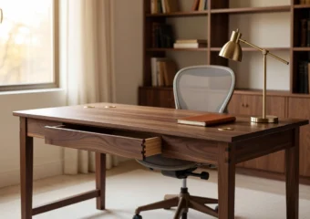 Custom solid walnut office desk for home-business owners in a daylit workspace.