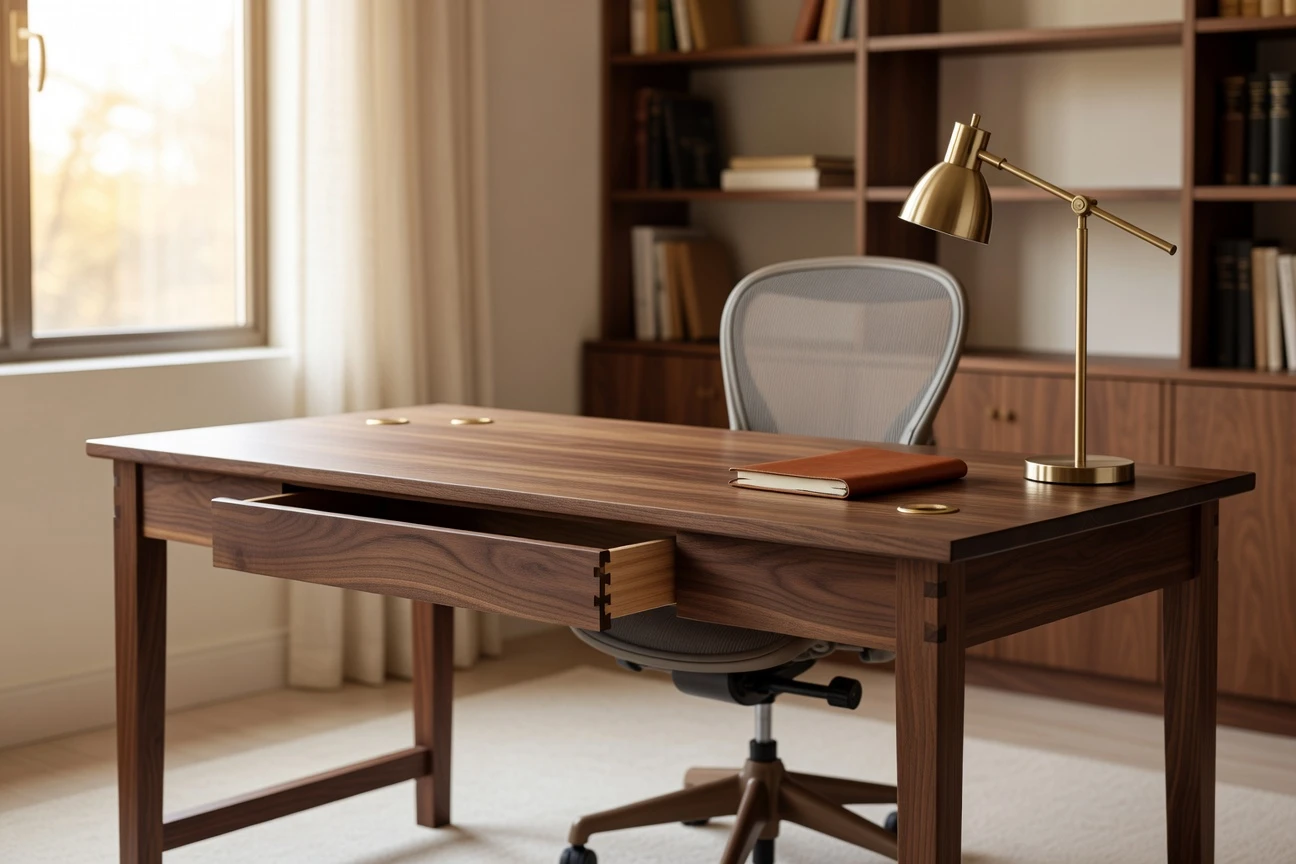 Custom solid walnut office desk for home-business owners in a daylit workspace.