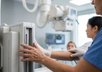 Radiology clinical instructor award winner trains a student on X-ray positioning technique.