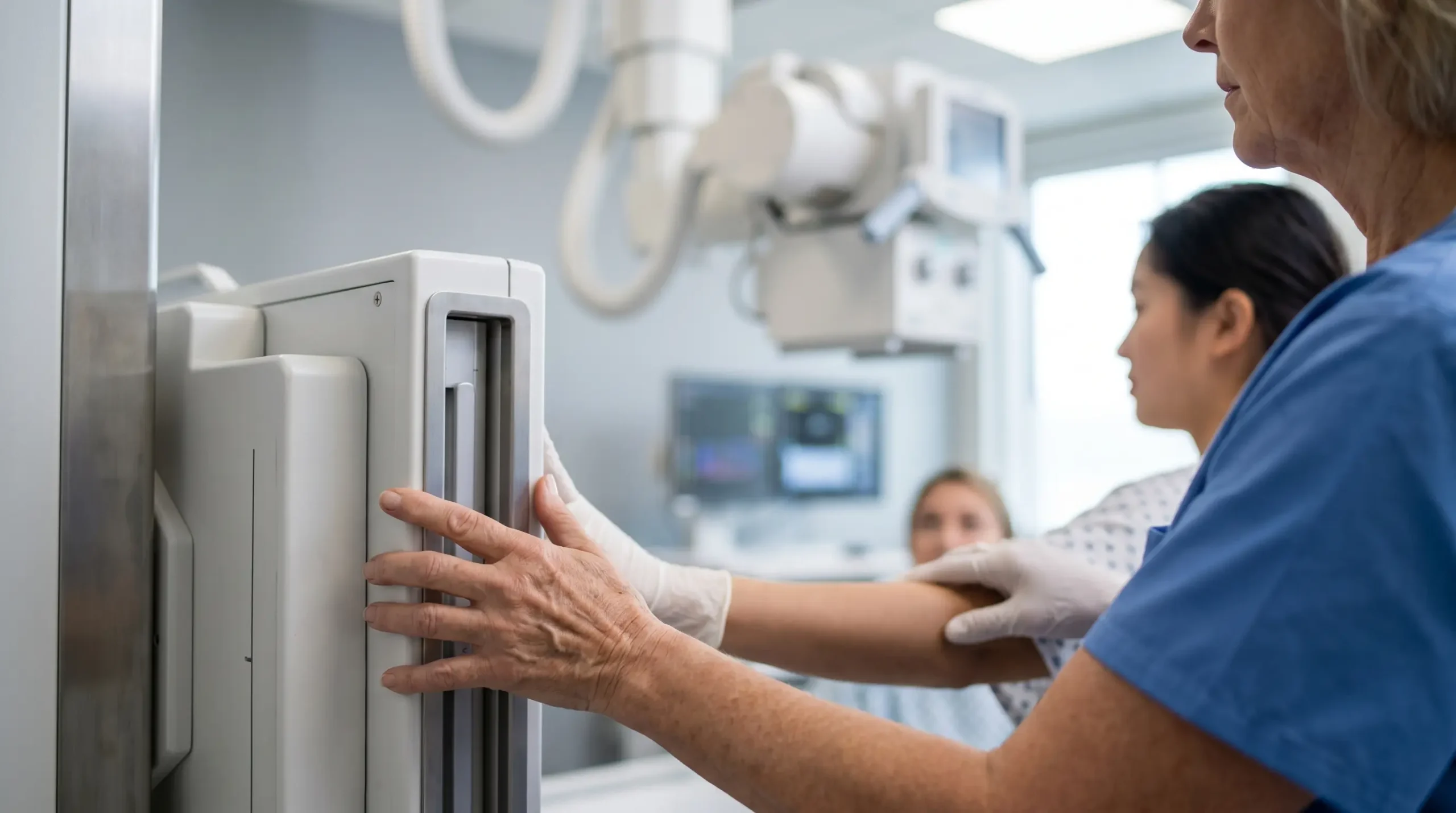 Radiology clinical instructor award winner trains a student on X-ray positioning technique.