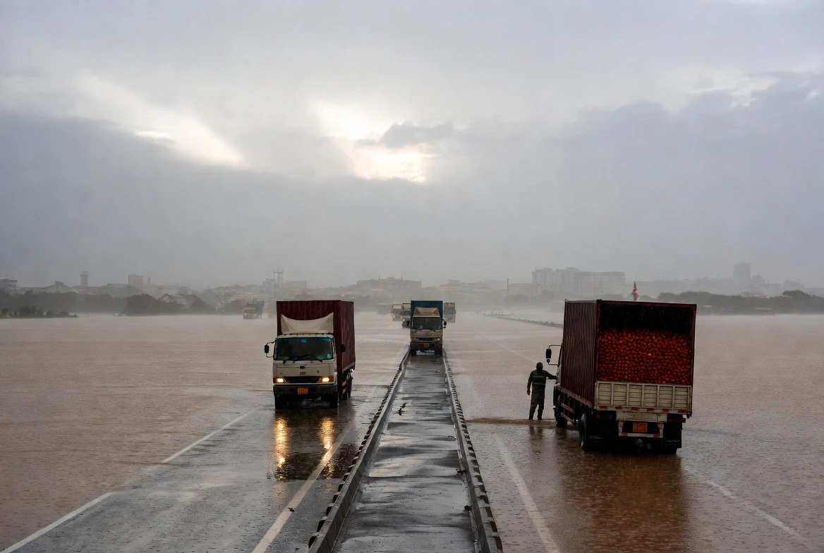Accra floods strand tomato trucks on Pokuase road Monday