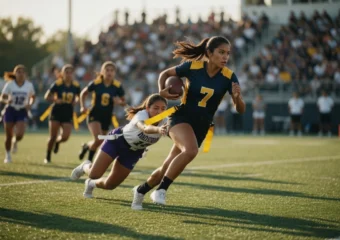 Female flag football player in dynamic action mid-run with flag
