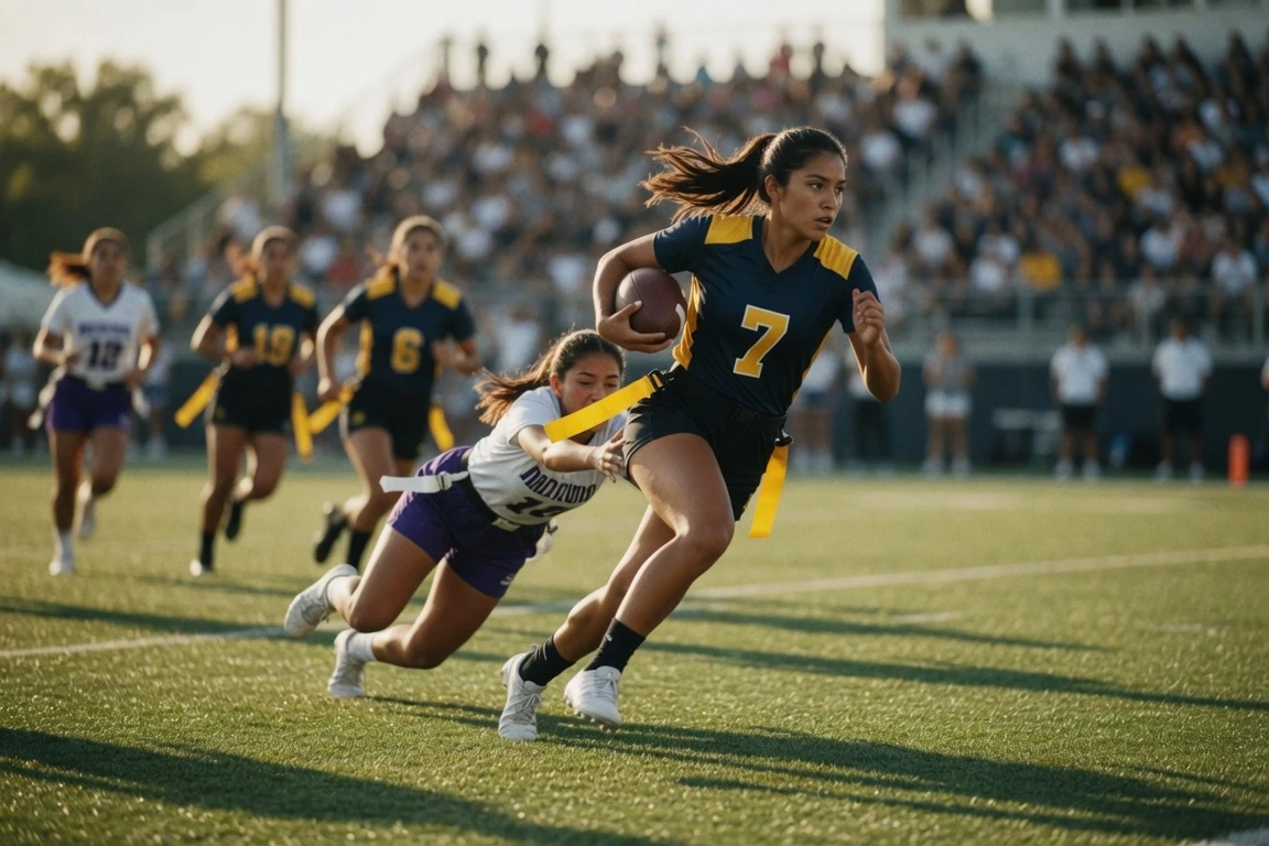 Female flag football player in dynamic action mid-run with flag
