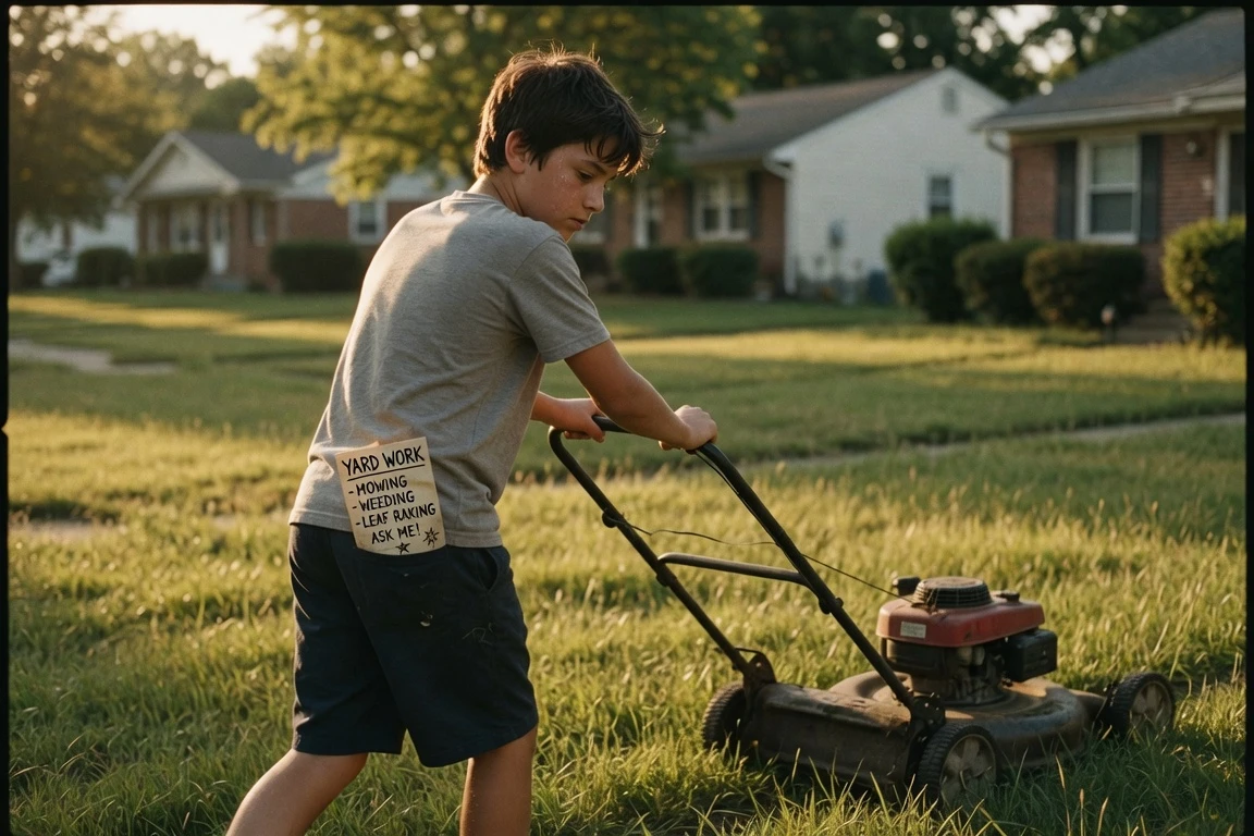stepson lawn mowing business neighbors calling mom