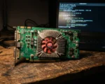 vintage Radeon HD graphics card on workbench with code screen