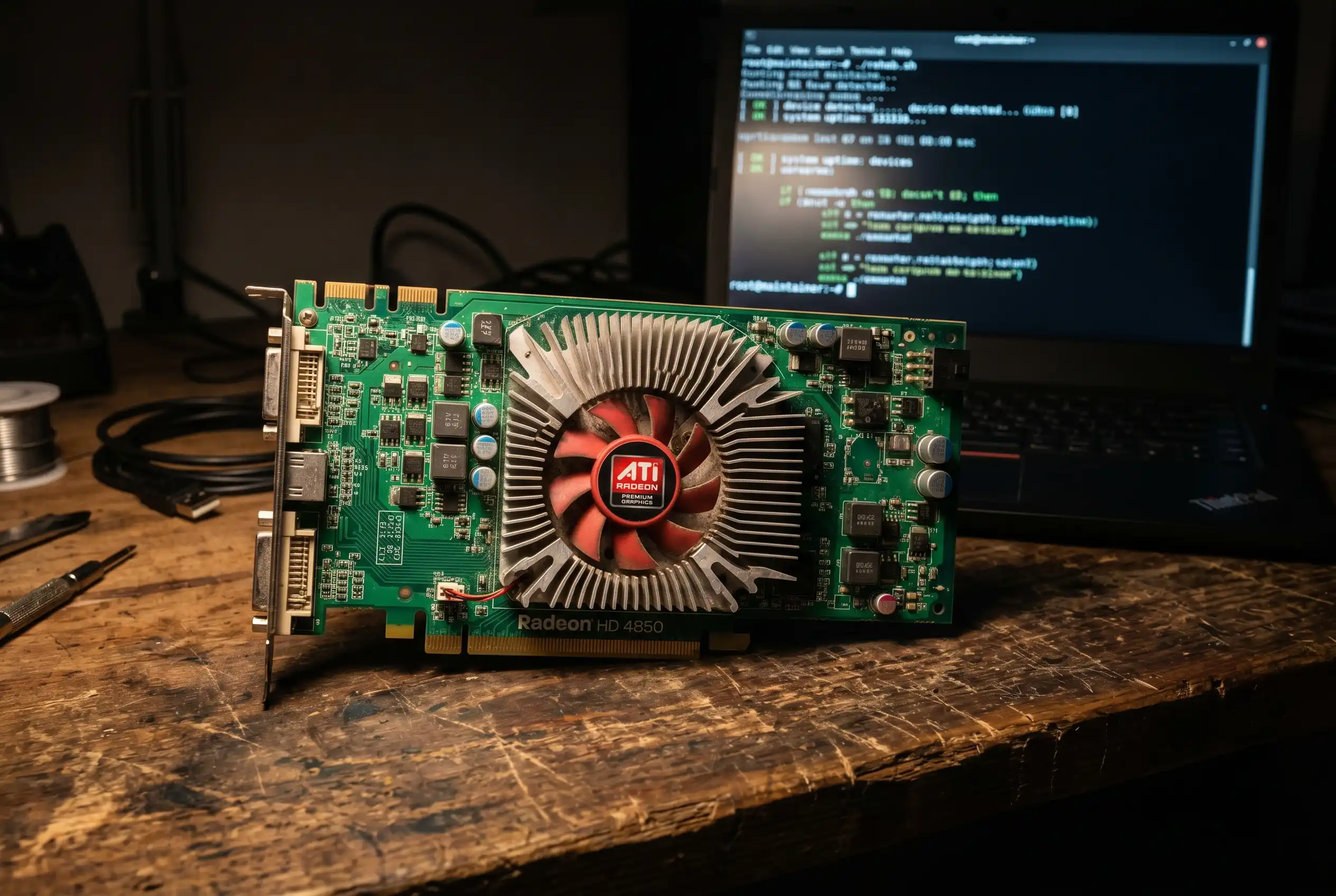 vintage Radeon HD graphics card on workbench with code screen