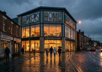 Barrow-in-Furness Stollers furniture store exterior at dusk