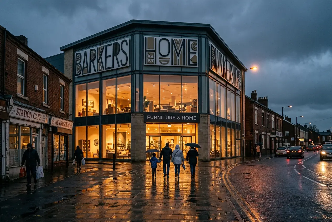 Barrow-in-Furness Stollers furniture store exterior at dusk