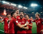 Canada men's soccer team in red jerseys celebrating round of 16 qualification