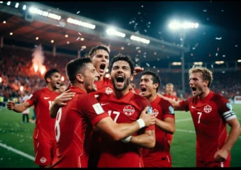Canada men's soccer team in red jerseys celebrating round of 16 qualification