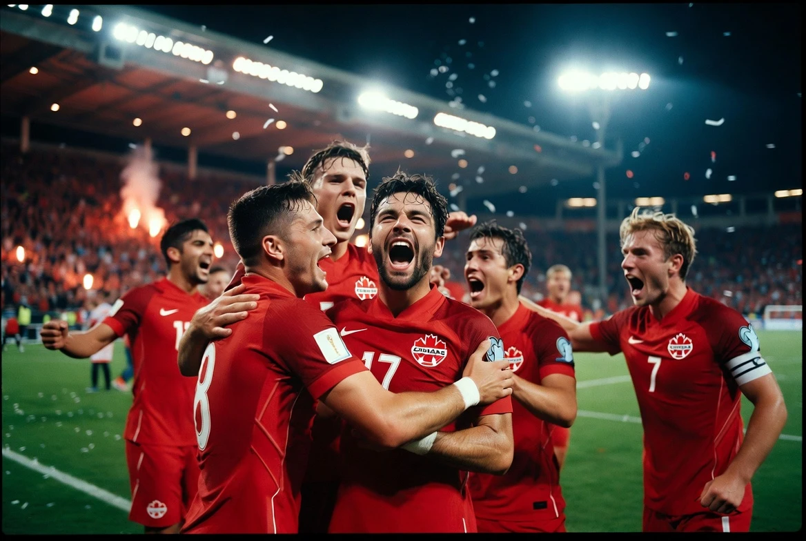 Canada men's soccer team in red jerseys celebrating round of 16 qualification
