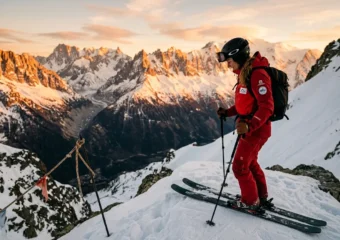 Freeride skier at the top of a French Alps mountain face