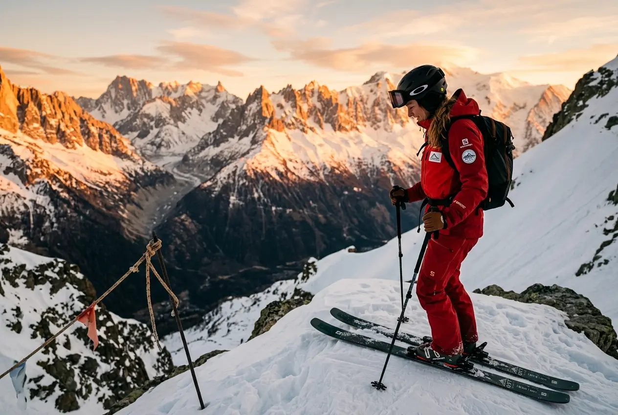 Freeride skier at the top of a French Alps mountain face