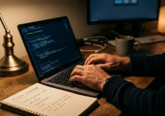 Moodle development partners writing custom plugin code at desk