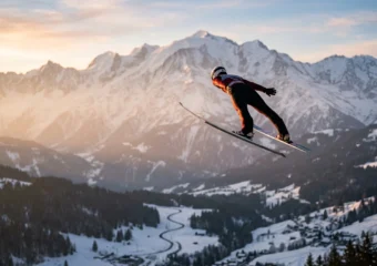 Nordic combined ski jumper over Alps valley