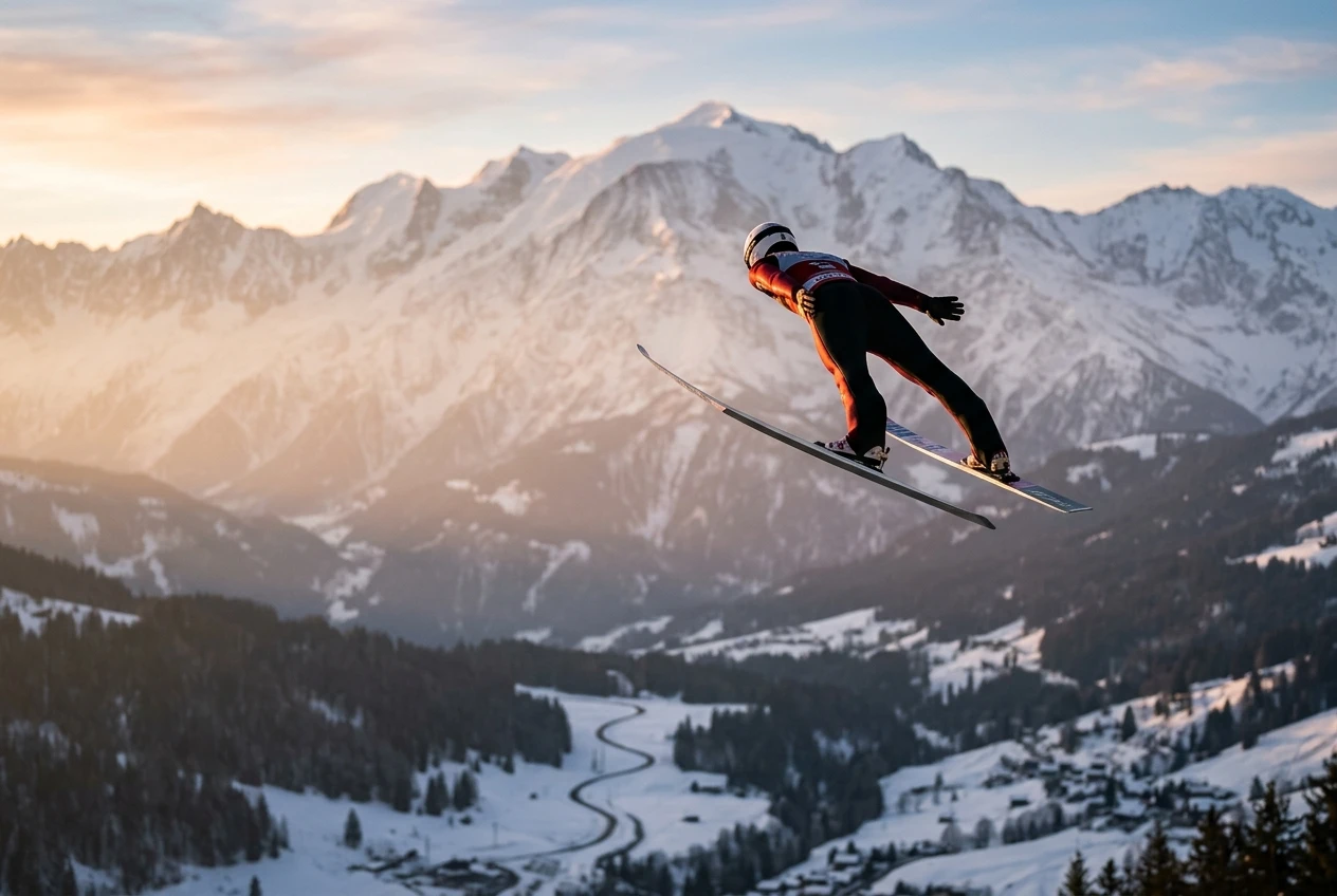 Nordic combined ski jumper over Alps valley