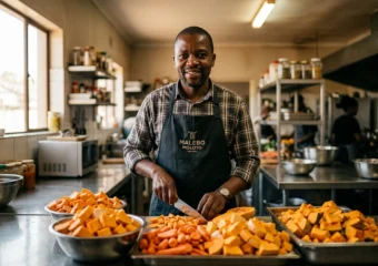 Soweto entrepreneur preparing fresh-cut vegetables for supermarket delivery