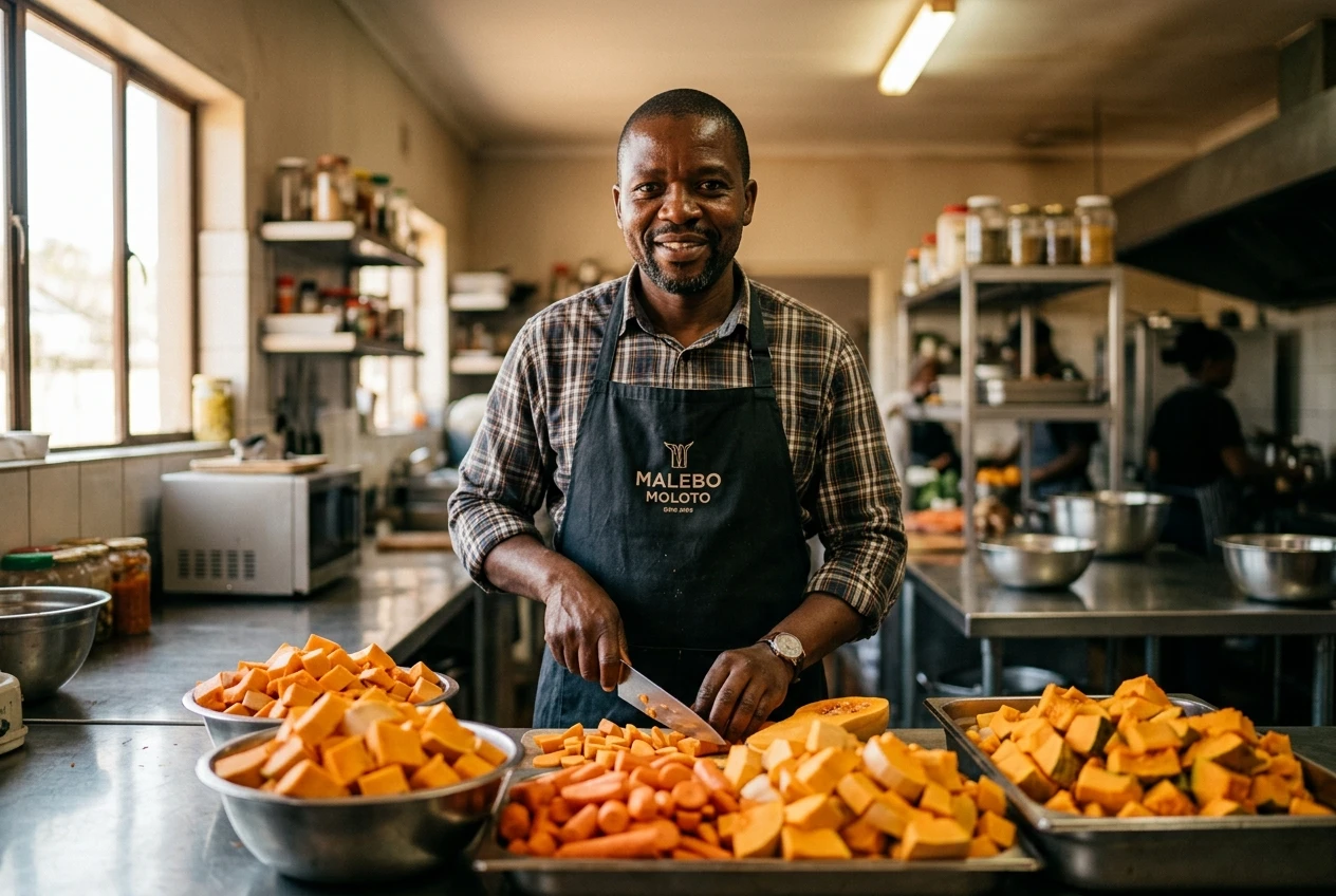 Soweto entrepreneur preparing fresh-cut vegetables for supermarket delivery
