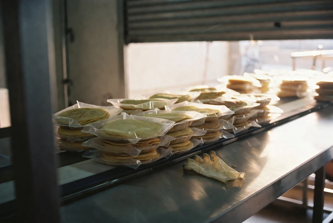 Stacked Chinese pancake packs on a halted food production line.