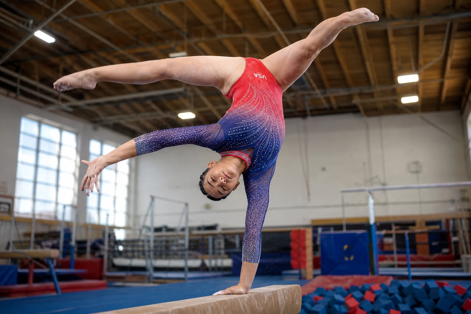Suni Lee balance beam training LA 2028 Olympic comeback