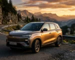 Tata Sierra EV front three-quarter view on mountain road
