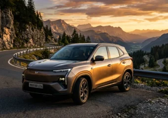 Tata Sierra EV front three-quarter view on mountain road
