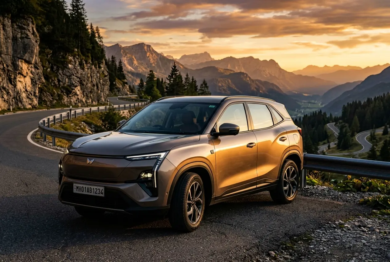 Tata Sierra EV front three-quarter view on mountain road