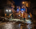 Telavi flood rescue scene in Kakheti region at night
