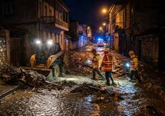 Telavi flood rescue scene in Kakheti region at night