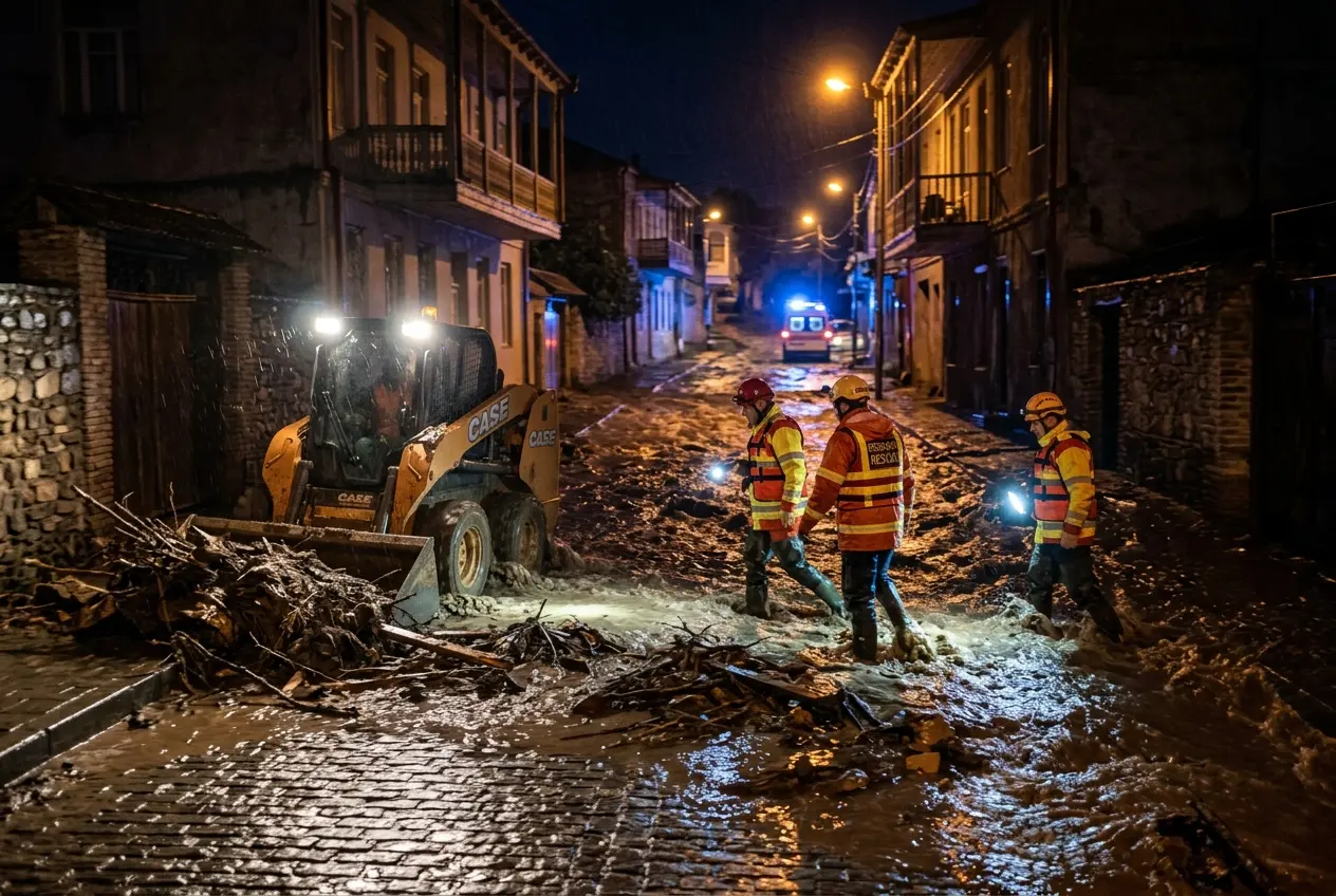 Telavi flood rescue scene in Kakheti region at night