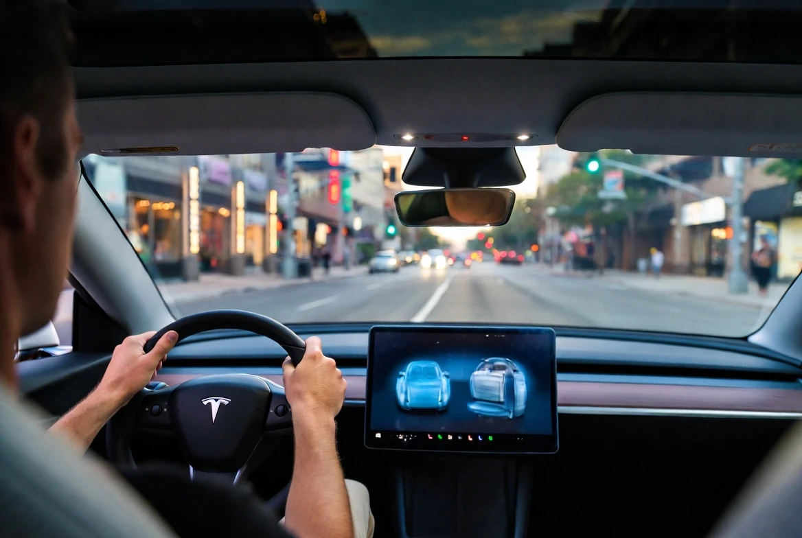 Tesla driver's hands on the steering wheel during FSD supervised driving