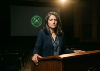 Xbox CEO Asha Sharma at podium after layoffs announcement