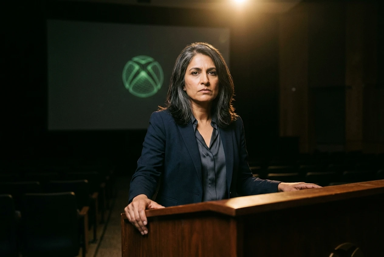 Xbox CEO Asha Sharma at podium after layoffs announcement