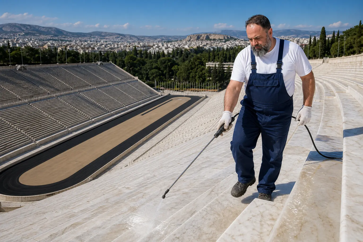 Panathenaic Stadium marble cleaning Kallimarmaro Athens crews